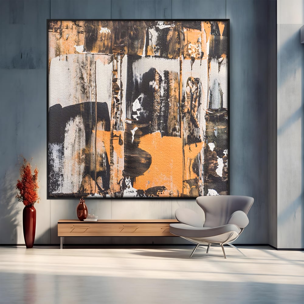 Tablou canvas cu pictura abstracta cu linii si pete, in rama de aluminiu negru